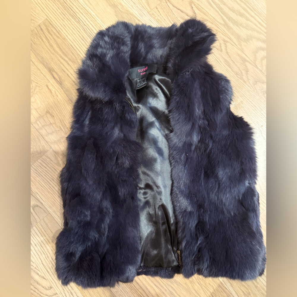 Surell kids navy rabbit fur vest, size s, like-new condition